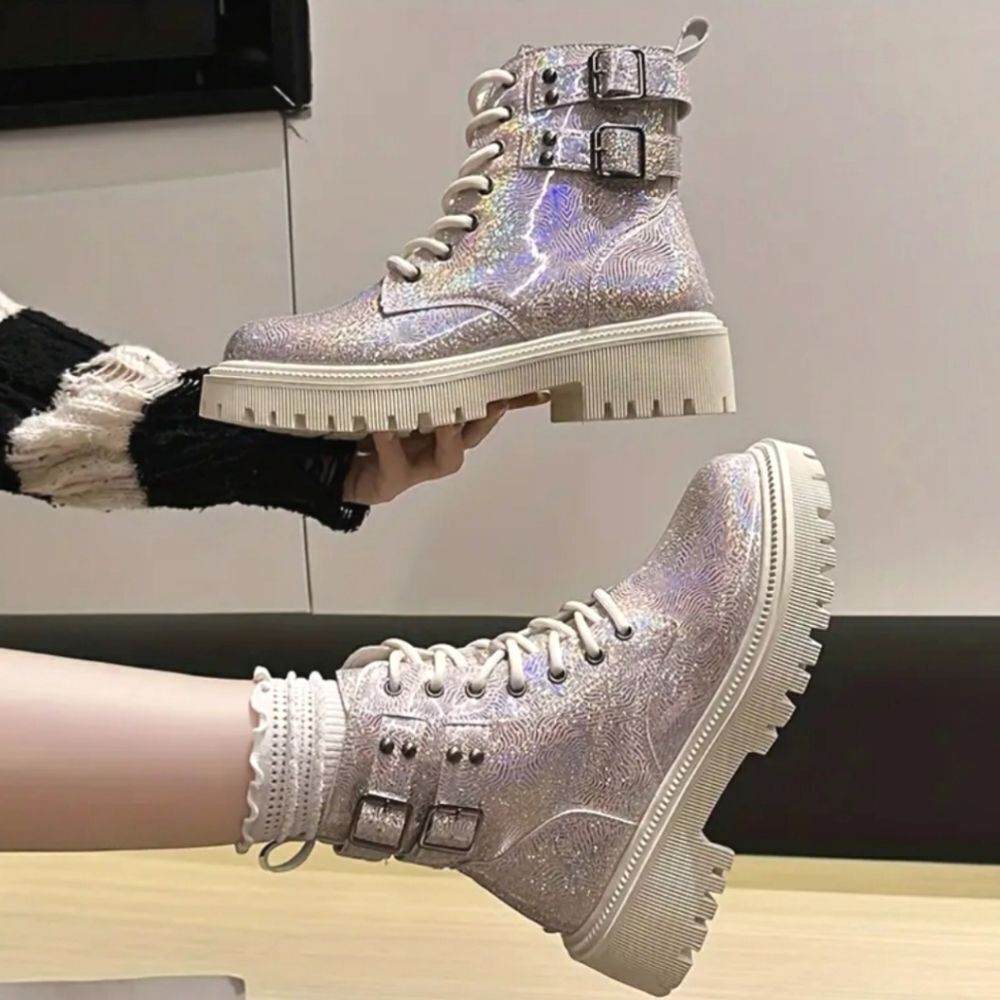 Pink sparkly platform combat boots sz 7